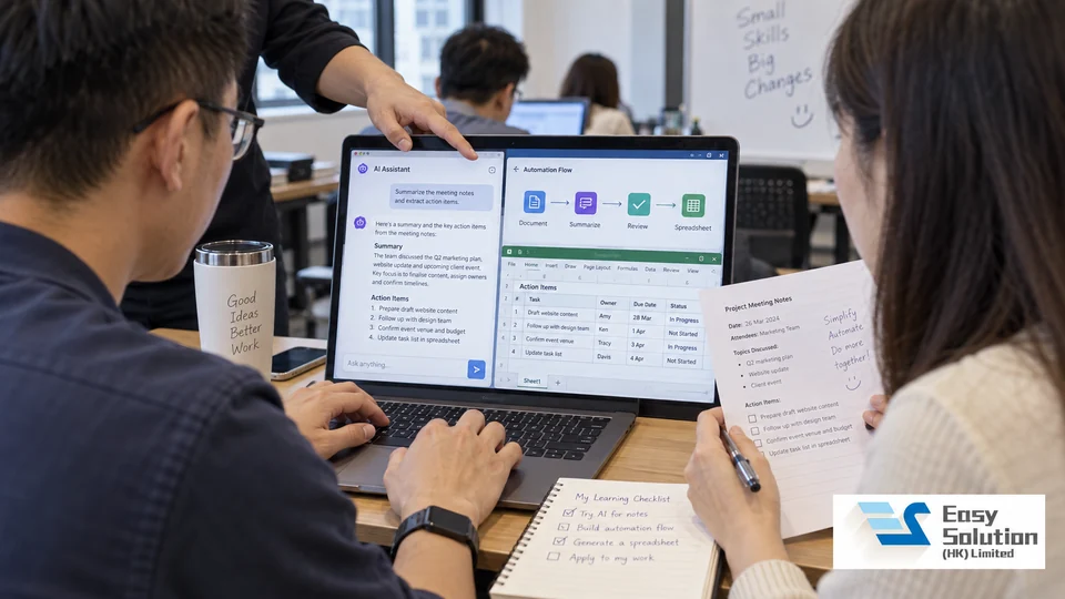 AI 工作坊課程場景:學員在筆記型電腦建立提示詞、文件摘要及試算表自動化流程 / AI integration masterclass scene